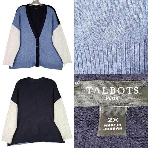 Talbots Cardigan Sweater Womens Plus Size 2X Blue Color Block Button Knit - Picture 1 of 9